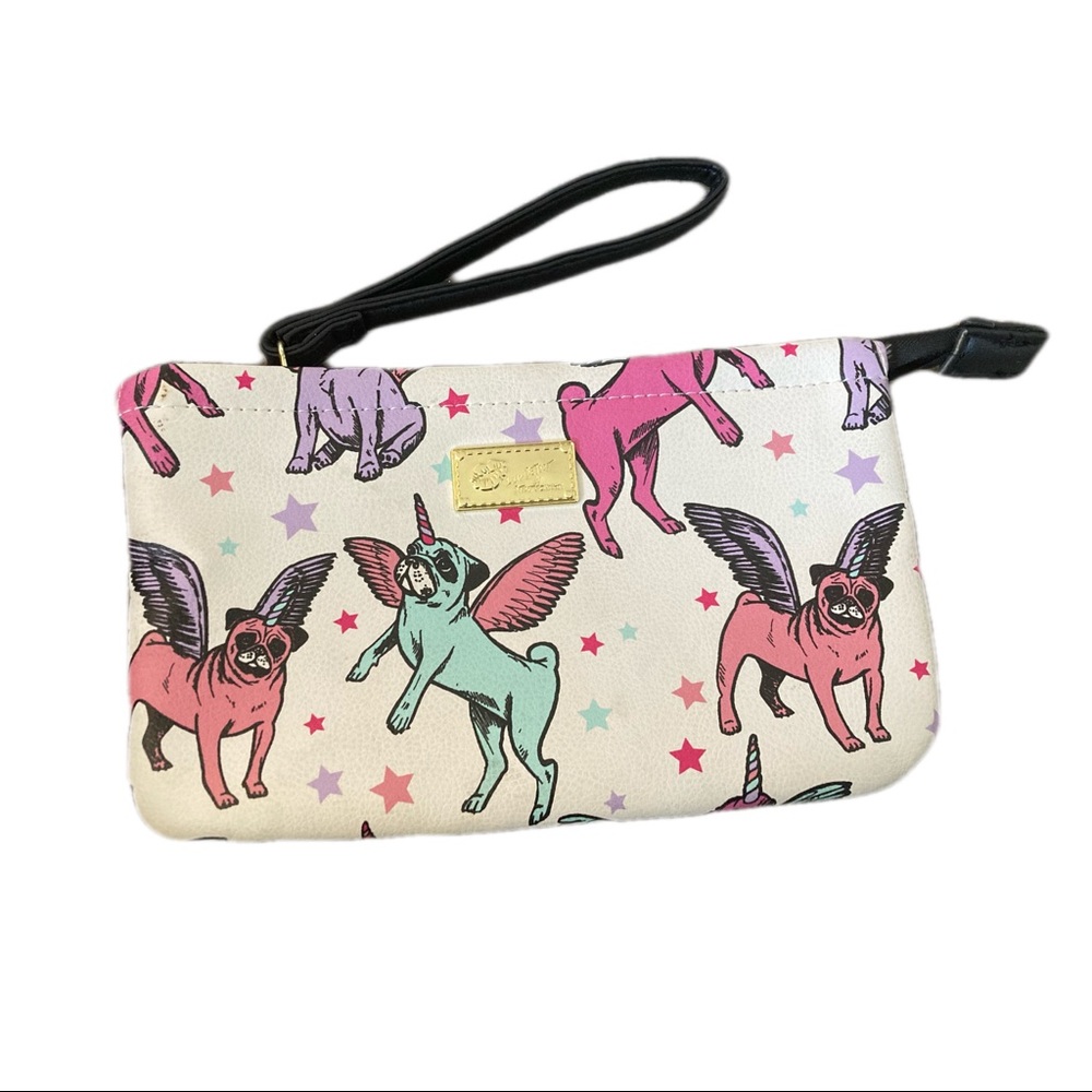LUV Betsy by Betsy Johnson Unicorn Pug Wristlet Clutch Purse Bag Pouch w/ Zipper